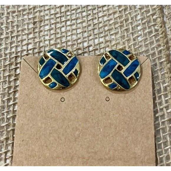 Goldtone Vintage Clip On Earrings Enamel Basketweave Round Vintage - Picture 2 of 6